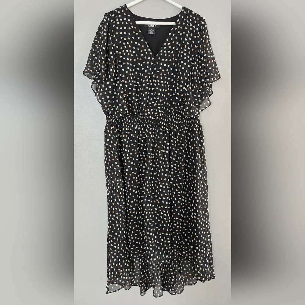 DKNY Women's Black Dot-Print‎ Crinkle Chiffon Smocked Midi Dress Plus Size 20W